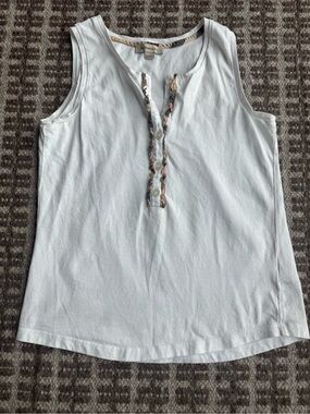 Burberry White Sleeveless Henley Tank with Patterned Trim